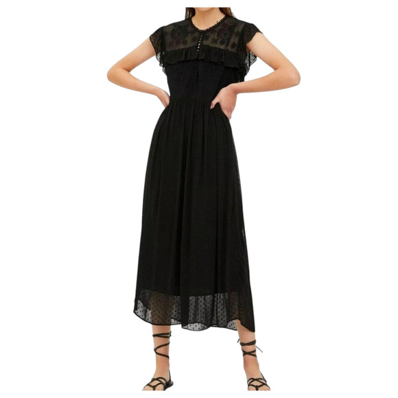 Zara Black Polk a Dot Embroidered Ruffle Maxi Dress Size Medium - Picture 2 of 11